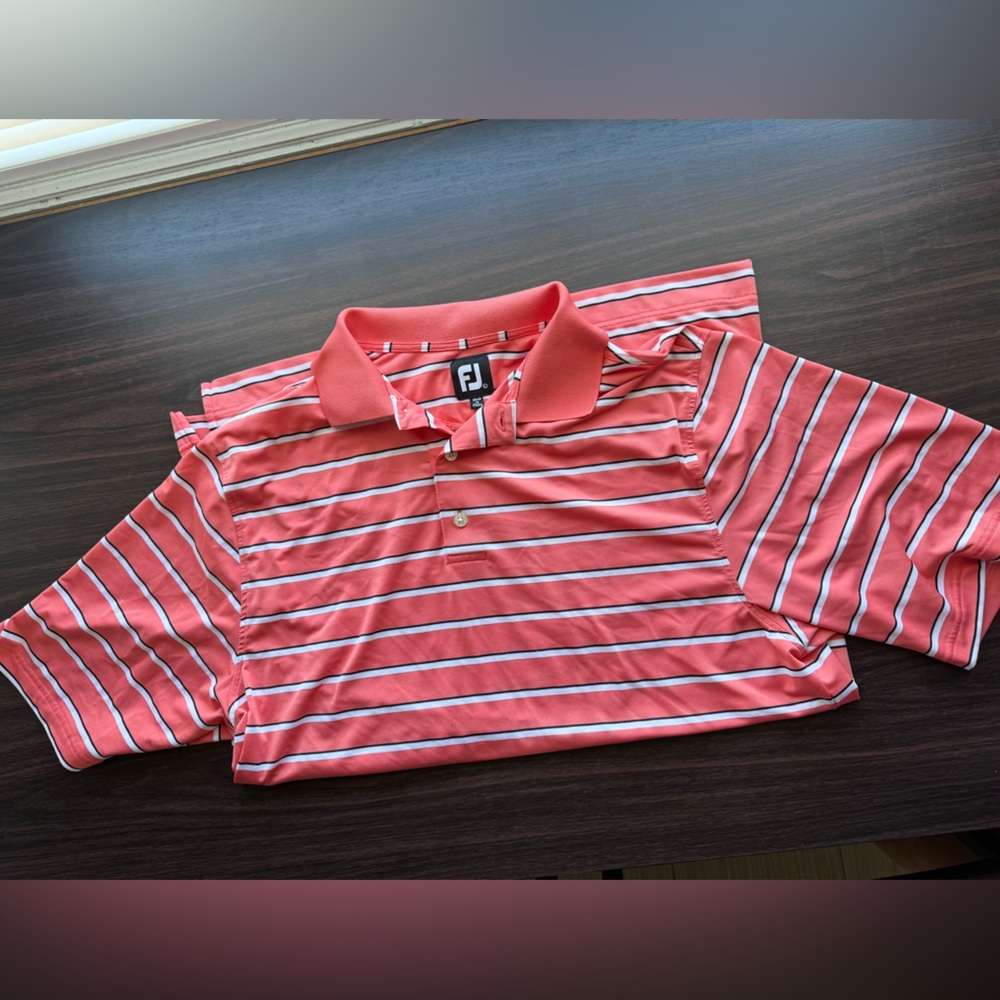 FootJoy Men's Pink and White Striped Polo Shirt - Picture 3 of 5
